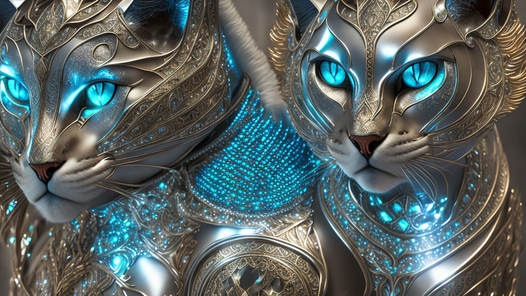 Ornate metallic cats with intricate armor and bright blue eyes