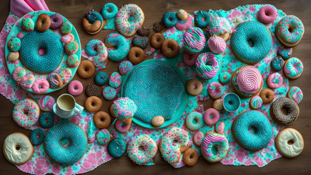 Colorful Donuts and Pastries Around Turquoise Bowl on Wooden Surface