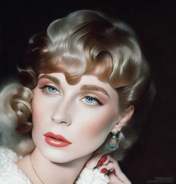 Classic Hollywood Glamour: Vintage Portrait of Woman with Wavy Blonde Hair and Striking Blue Eyes