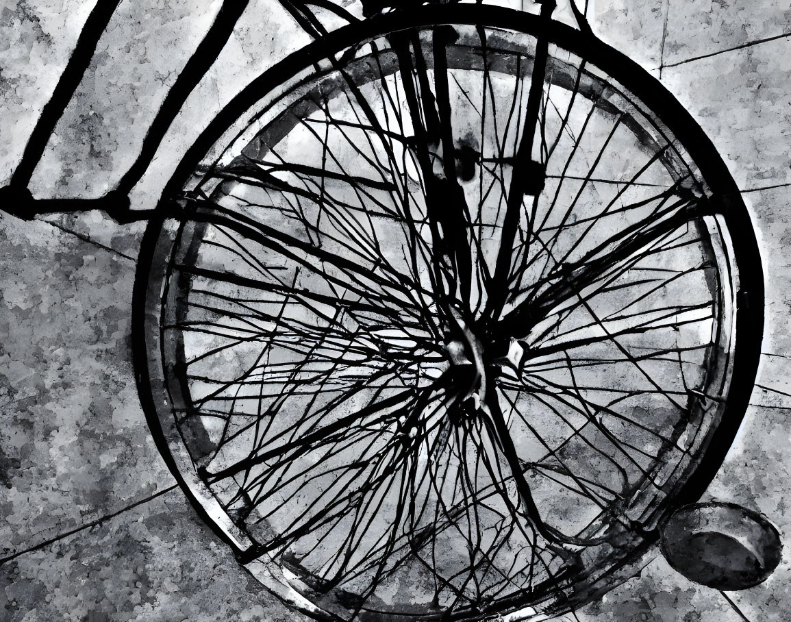 Monochrome photo: intricate bicycle wheel spokes and shadow on textured ground