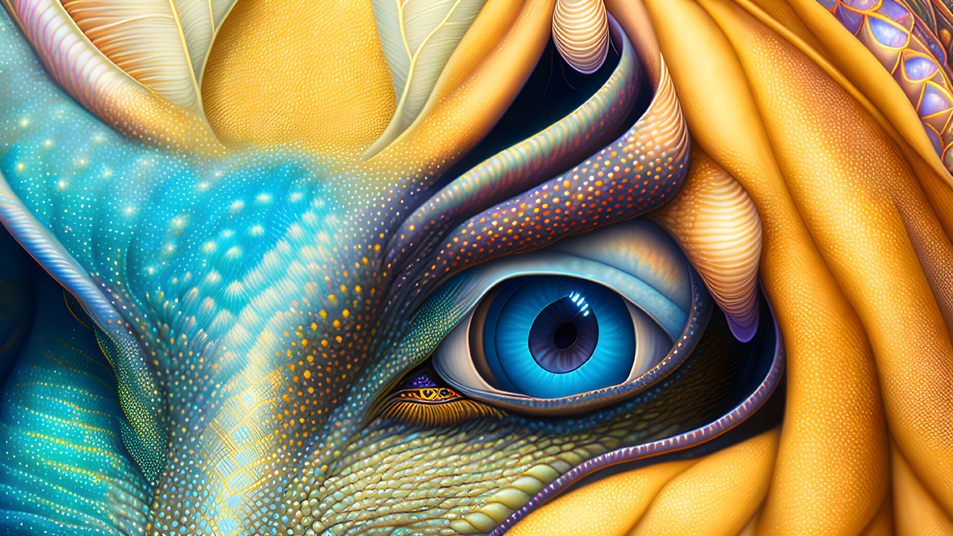 Colorful surreal eye surrounded by abstract patterns in blue, yellow, and orange