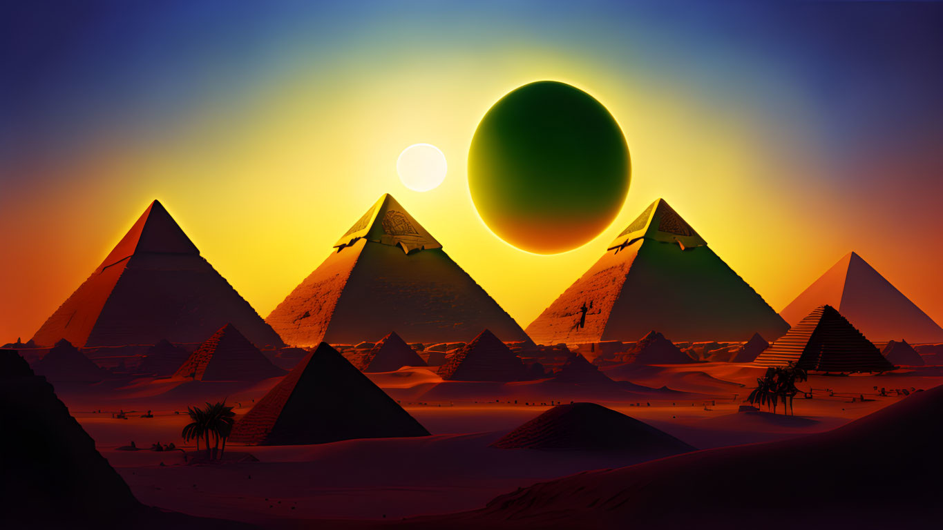 Surreal desert scene with Egyptian pyramids under two celestial bodies