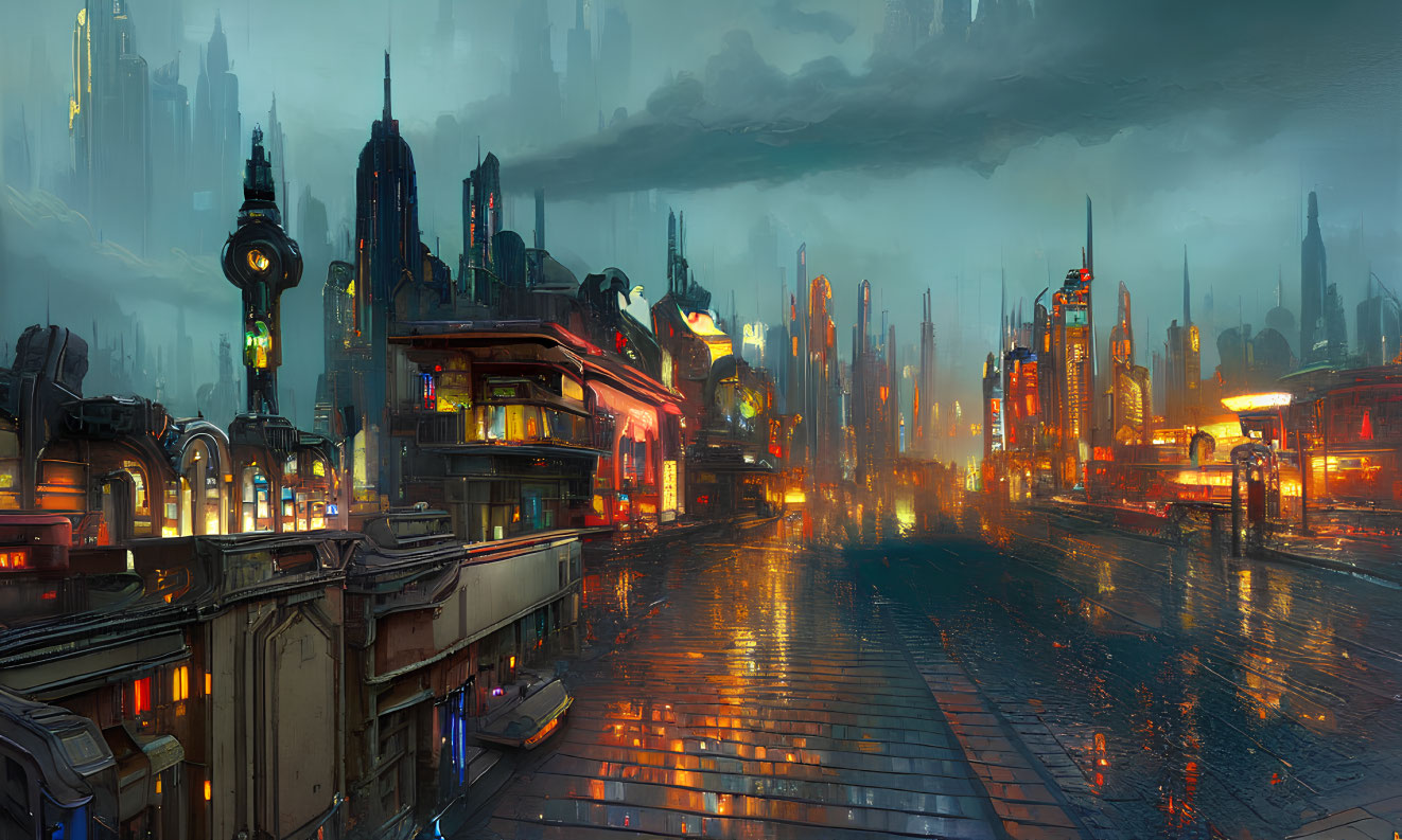 Futuristic cityscape at dusk: illuminated skyscrapers, neon signs, wet streets