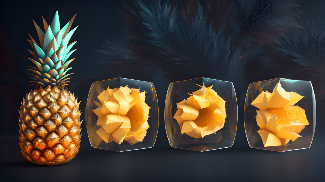 Pineapple and Four Whiskey Glasses with Geometric Cut Fruit