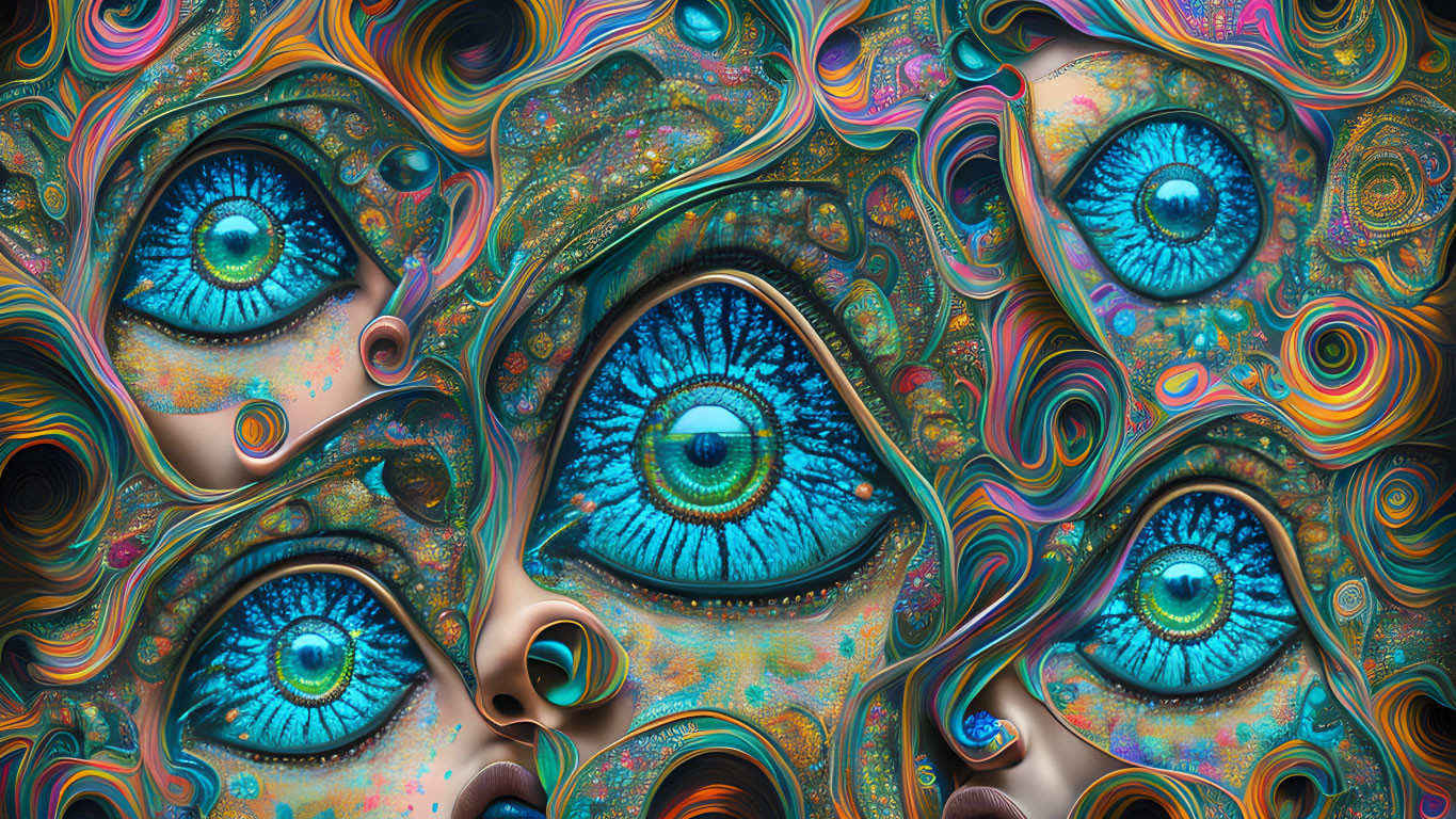 Surreal digital art: Vibrant blue eyes in psychedelic swirls