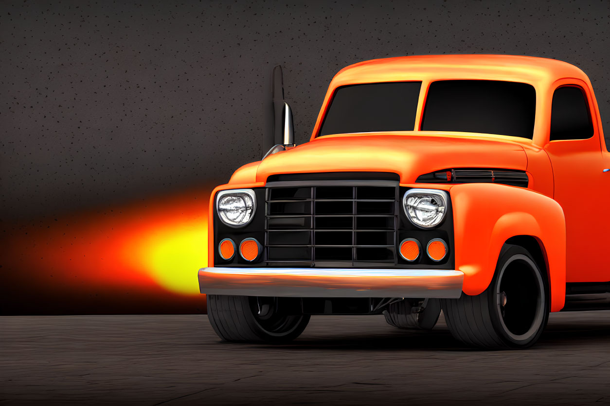 Vintage Orange Pickup Truck with Glowing Headlights and Fiery Streaks