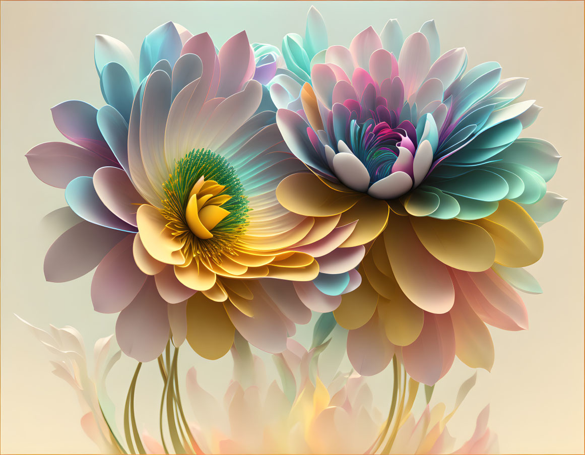 Stylized multi-colored flowers with gradient petals on warm background