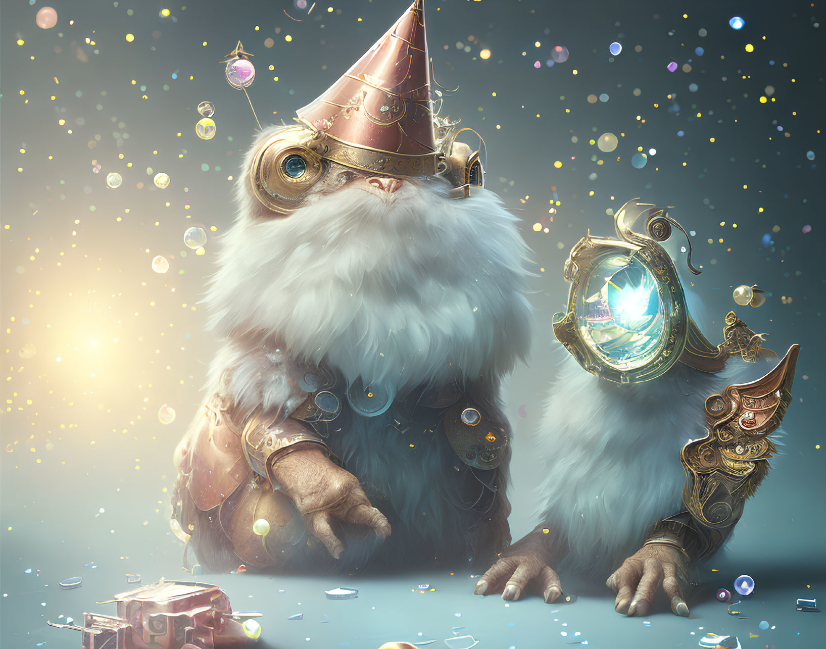 Whimsical furry creature with large eyes and party hat holding clockwork heart surrounded by bubbles and glowing