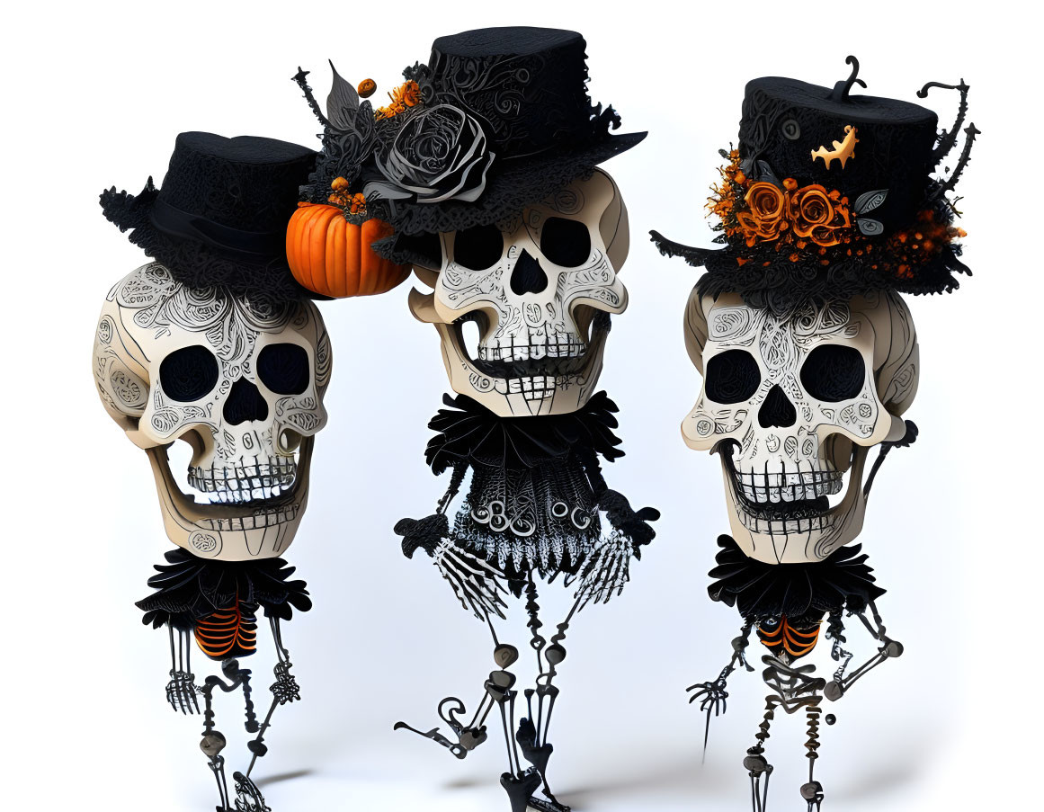 Three Halloween-themed decorative skulls with top hats on white background