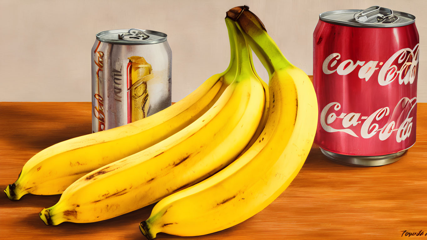 Ripe bananas between soda cans on wooden surface