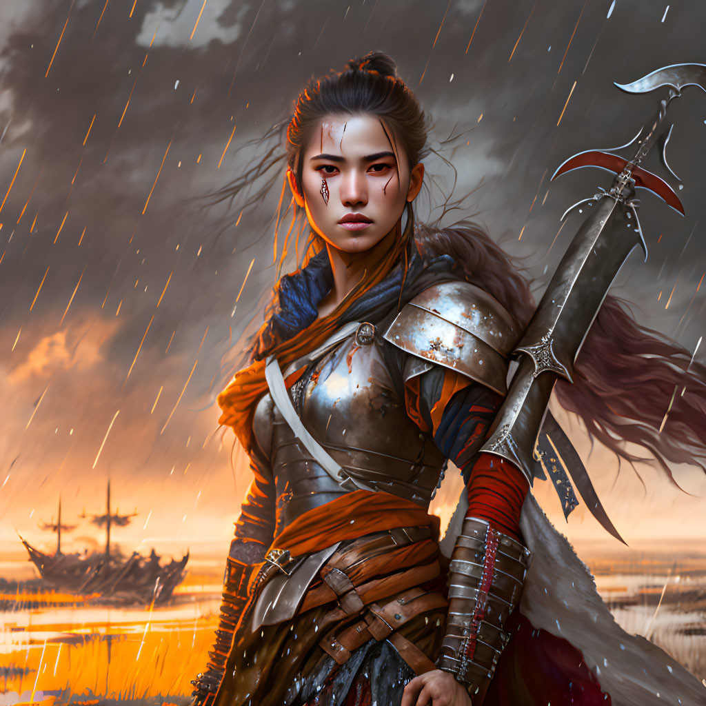 Warrior woman in armor under stormy sky with ships - intense gaze.