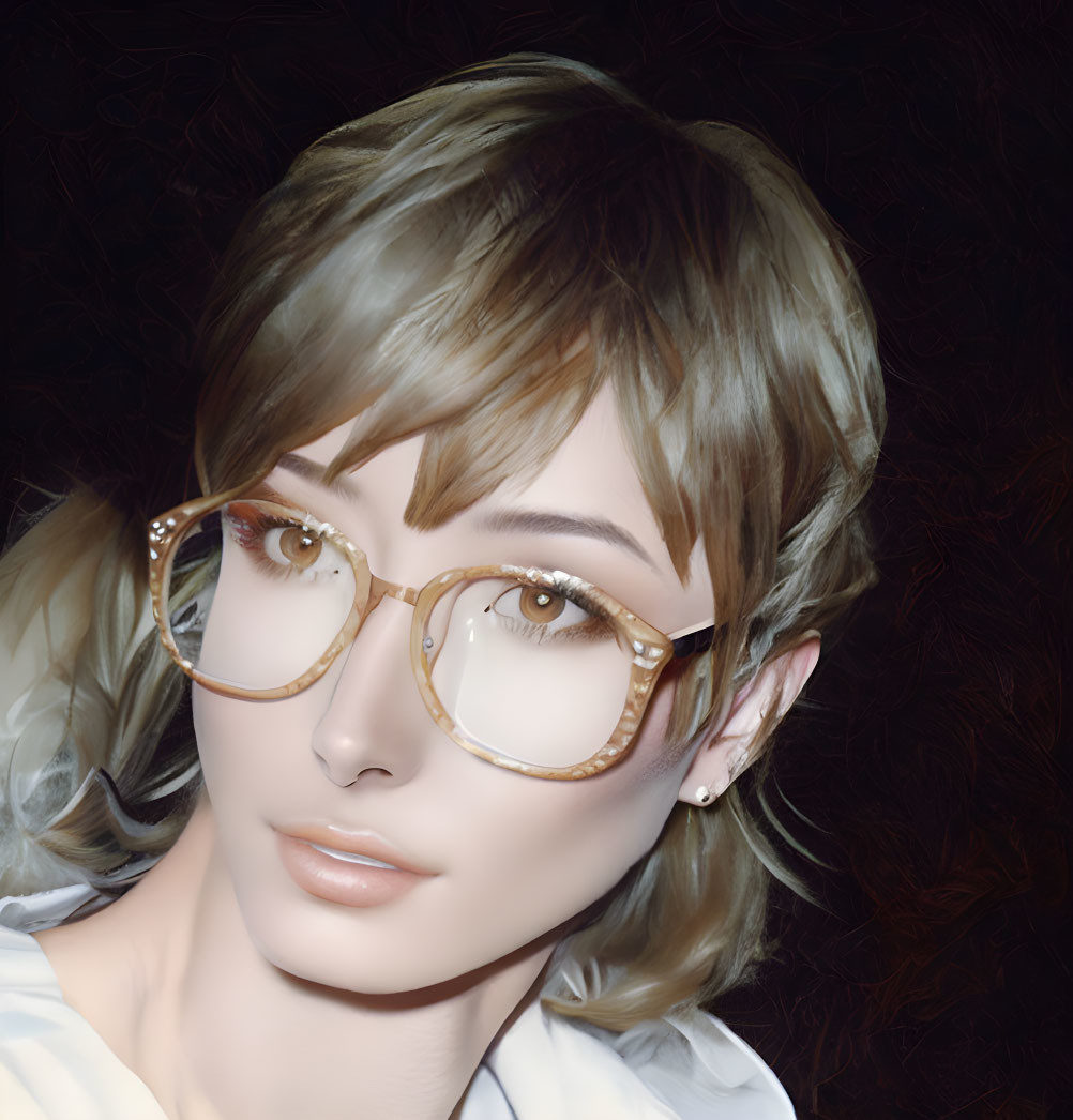 Blonde Short Hair Female Face 3D Rendering with Round Glasses