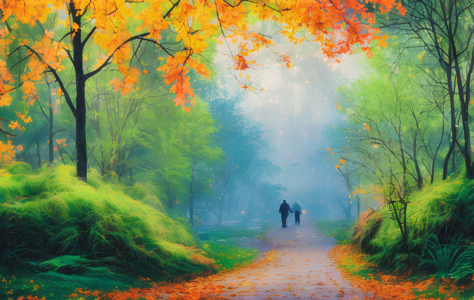 Person and Dog Walking in Serene Autumn Scene