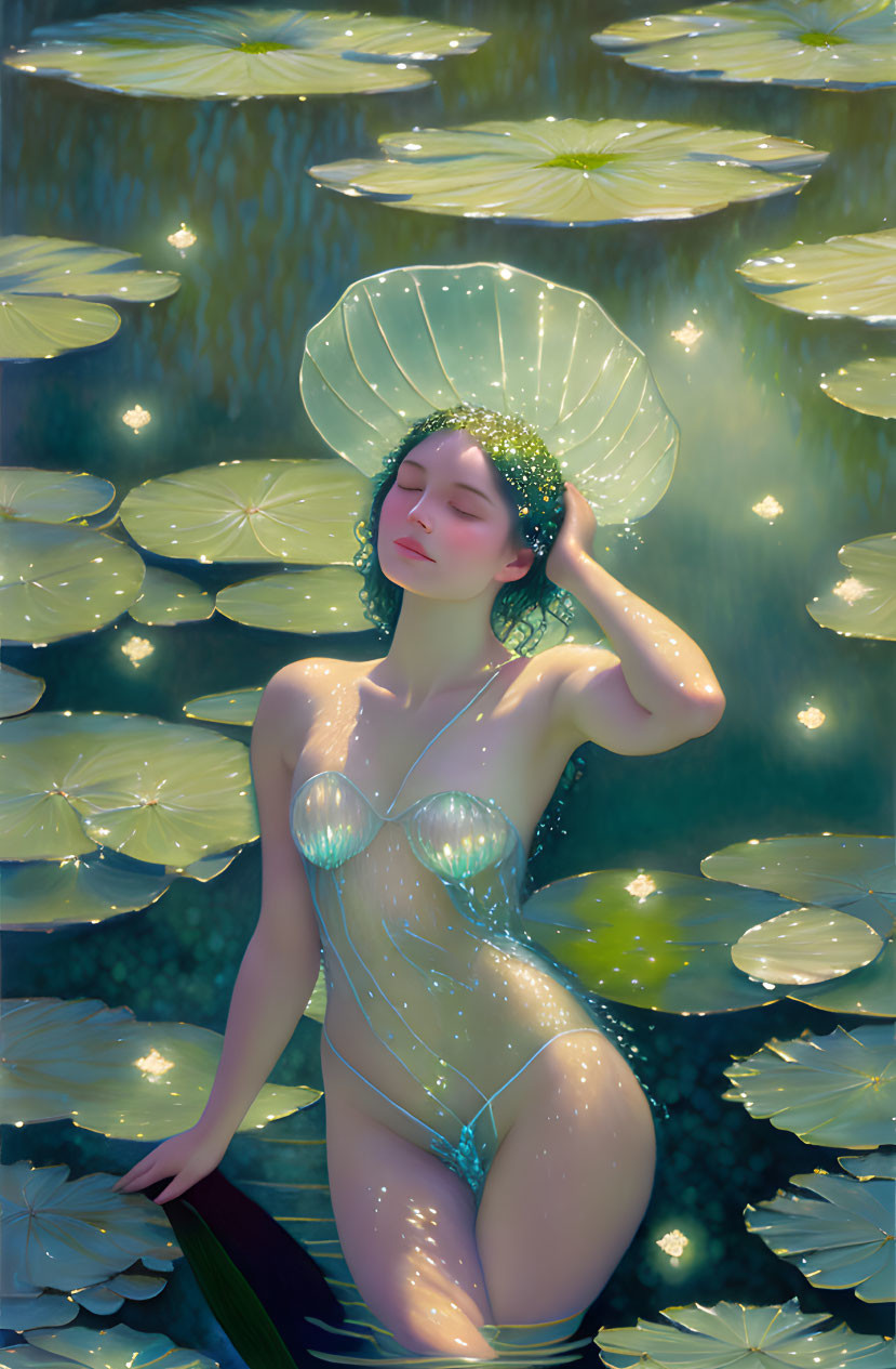 Translucent Outfit Woman with Shell Headpiece in Water Amid Lily Pads