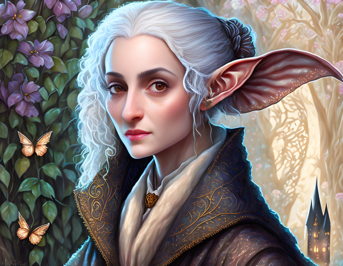 White-haired elf woman in nature with butterflies and castle hint