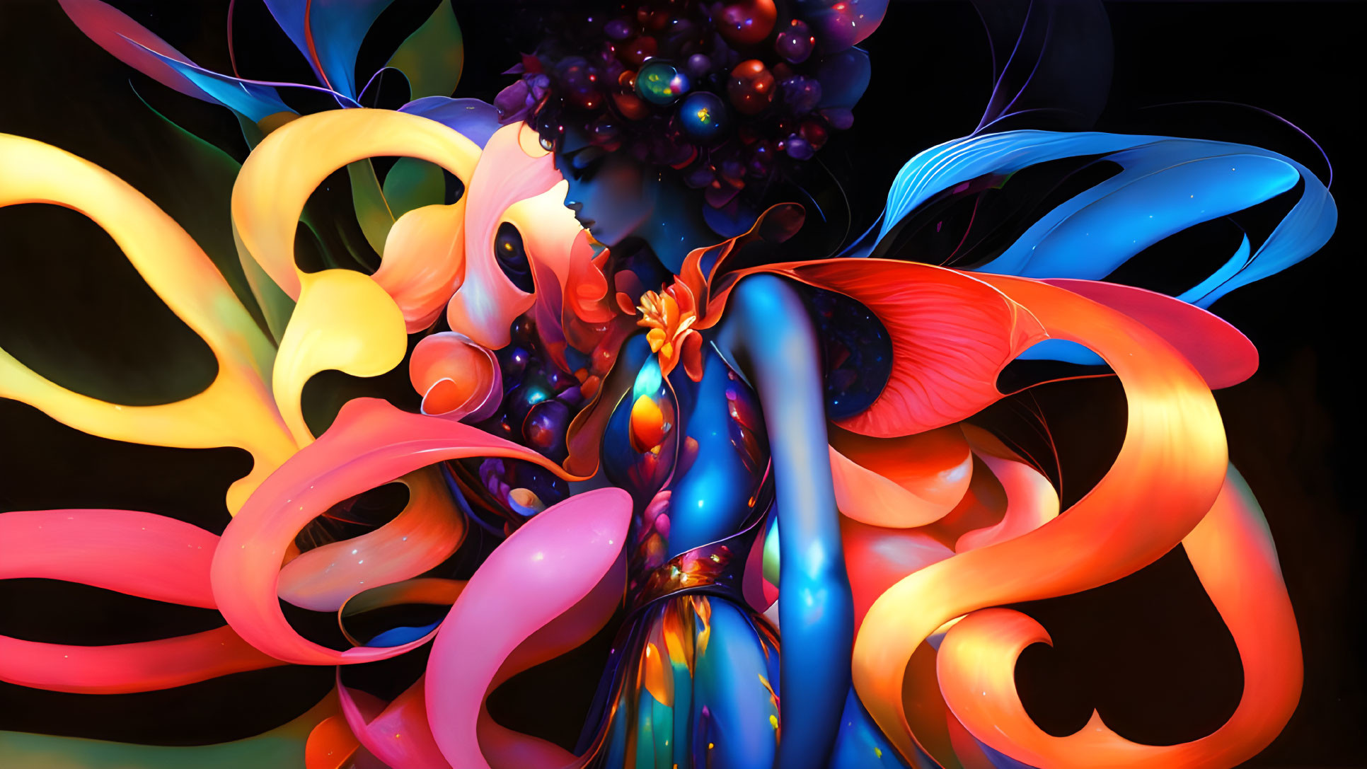 Colorful Abstract Digital Artwork with Swirling Ribbons and Spherical Headpiece