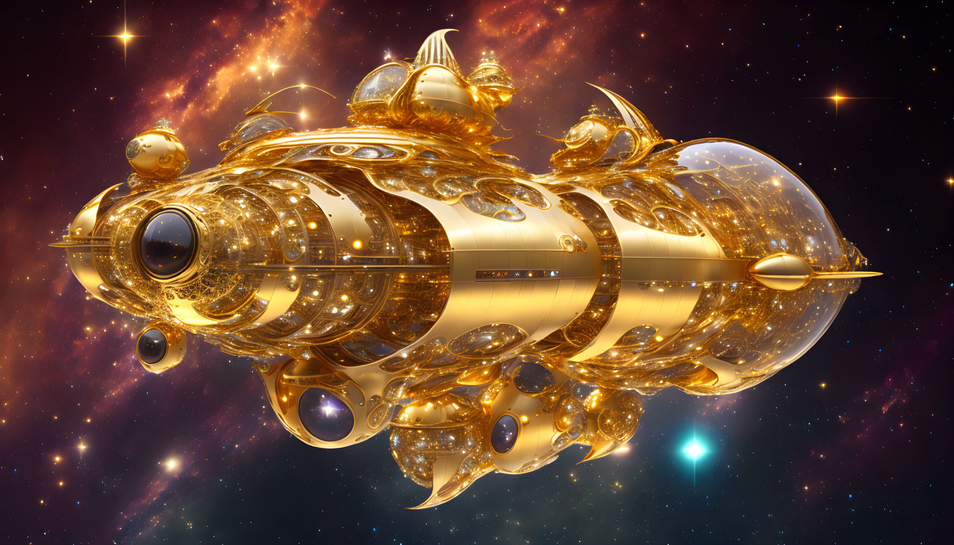 Golden steampunk spaceship in starry space