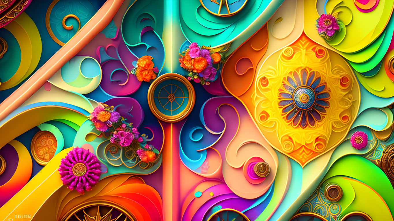 Colorful Abstract Digital Art with Floral Patterns & Swirls