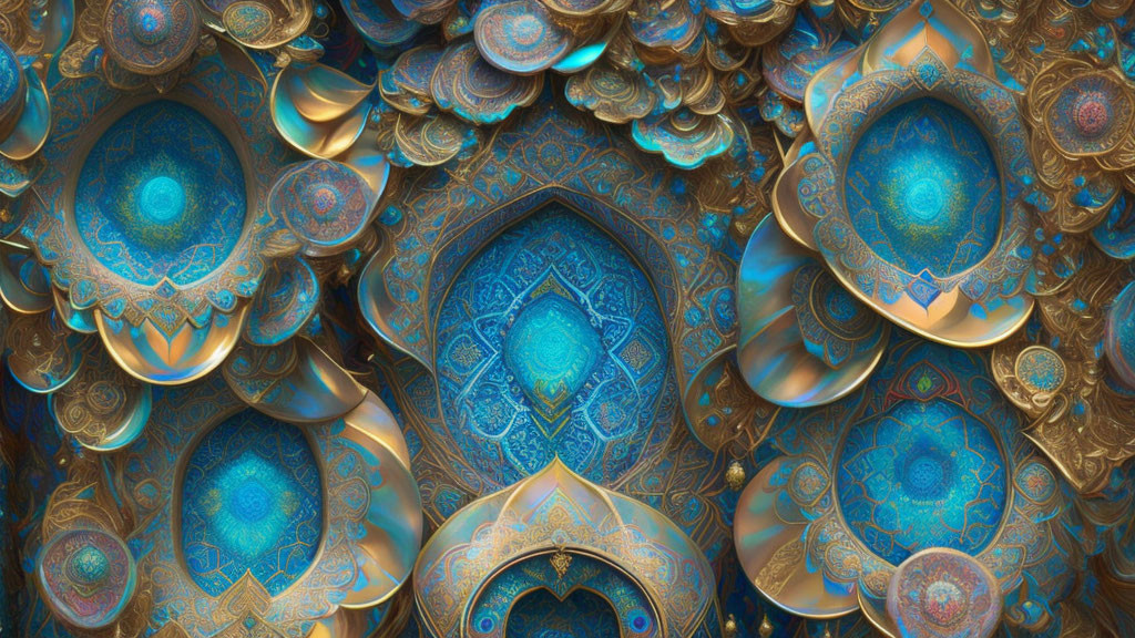 Intricate digital fractal art: Gold & blue mosaic patterns