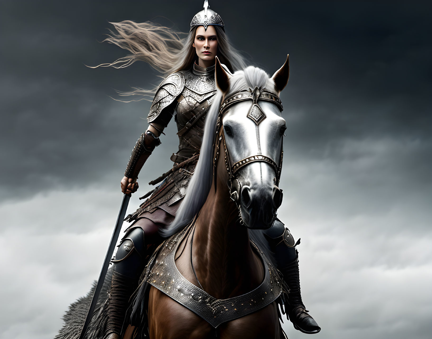 Warrior woman on white horse in ornate armor under brooding sky