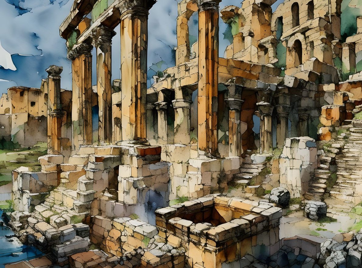 Ancient Roman ruins watercolor painting with columns, arches, and bright sky