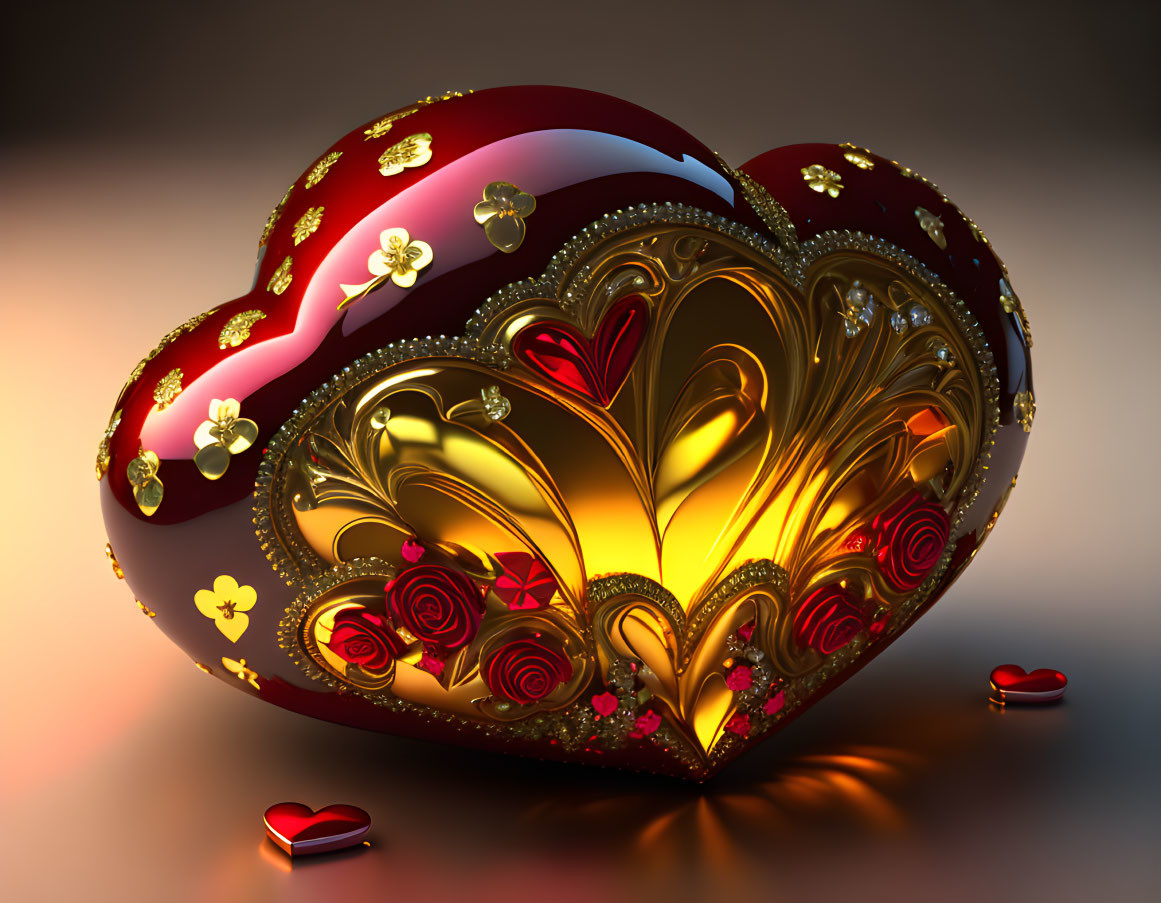 Ornate heart-shaped box with floral and gold filigree details