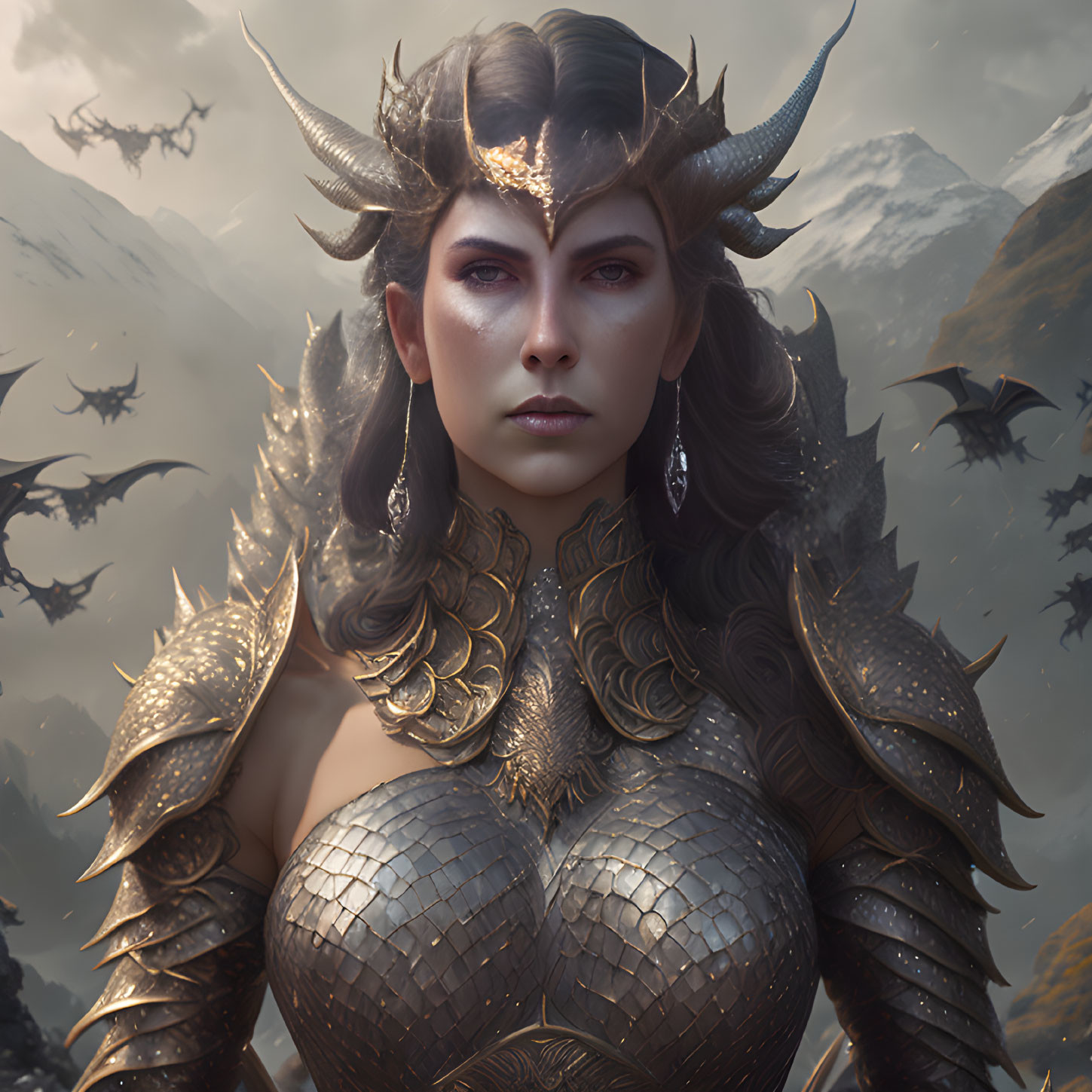 Fantasy Illustration: Stern Woman in Horned Armor with Flying Creatures