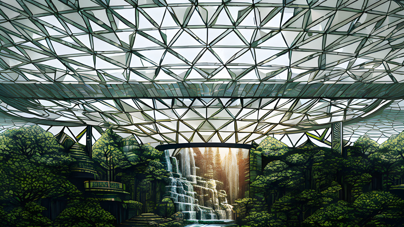 Indoor Waterfall Surrounded by Plants and Glass Ceiling