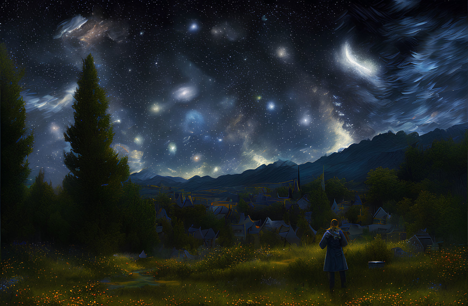 Person in Starlit Meadow Observing Cosmic Village Under Swirling Sky