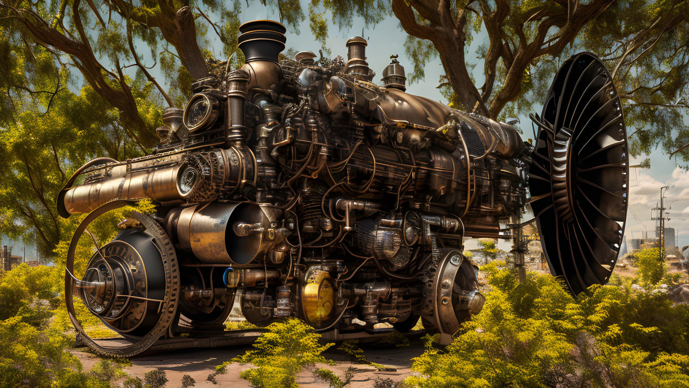 Steampunk mechanical behemoth in natural landscape blending industrial design and greenery