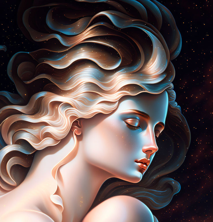 Illustrated portrait of woman with flowing hair merging into starry night sky