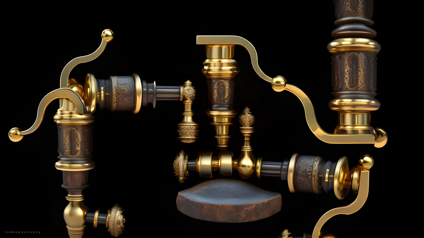 Abstract 3D art: Ornate brass and gold pipes on dark background