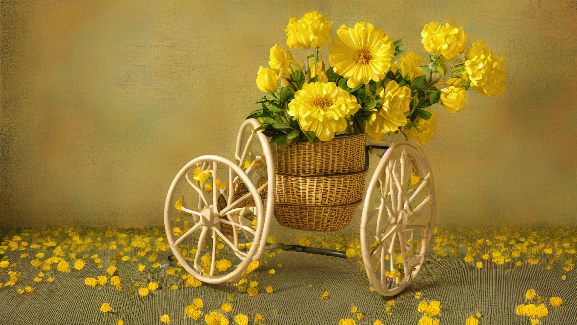 White Bicycle with Yellow Flowers on Beige Textured Background