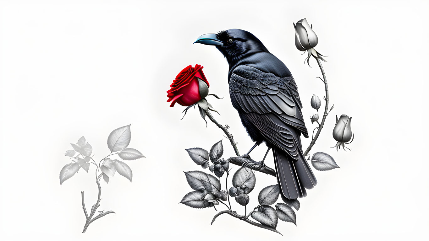 Black raven on branch with red rose and buds in white background