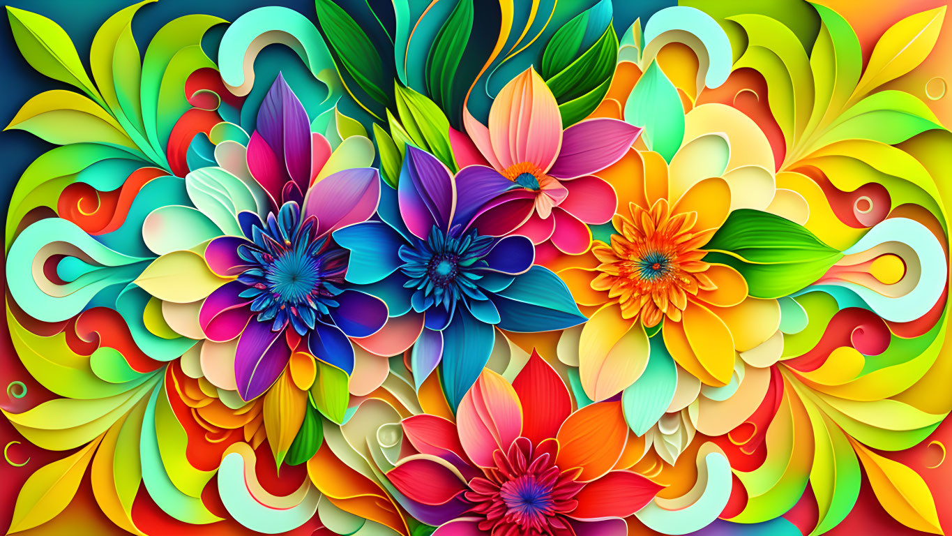 Colorful Paper Art Flowers with Intricate Layers on Blue Background