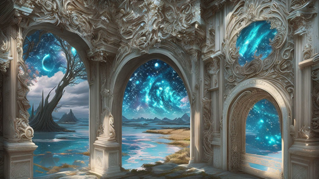 Ornate Archway Frames Three Celestial Portals