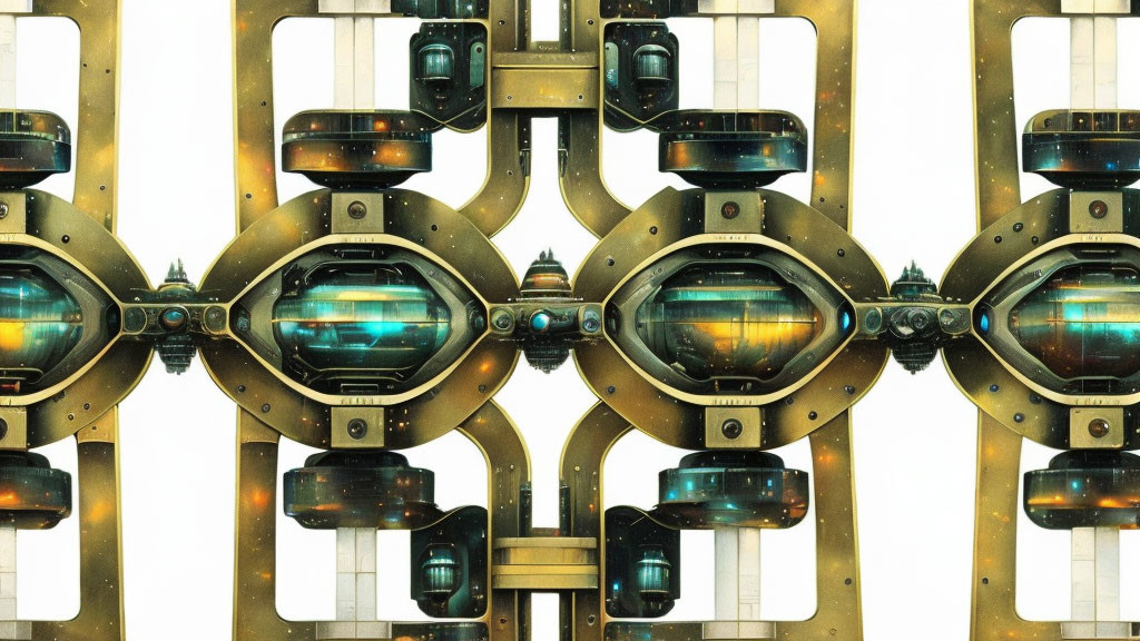 Symmetrical steampunk metallic spheres and gears on light background