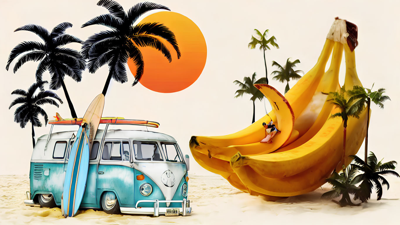 Surreal beach scene with vintage van, palm trees, sun, and person on banana