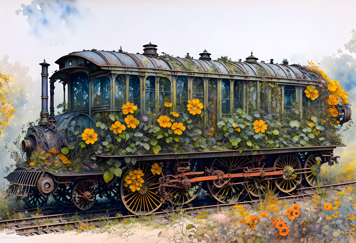 Vintage Train Converted into Greenhouse with Lush Plants and Flowers