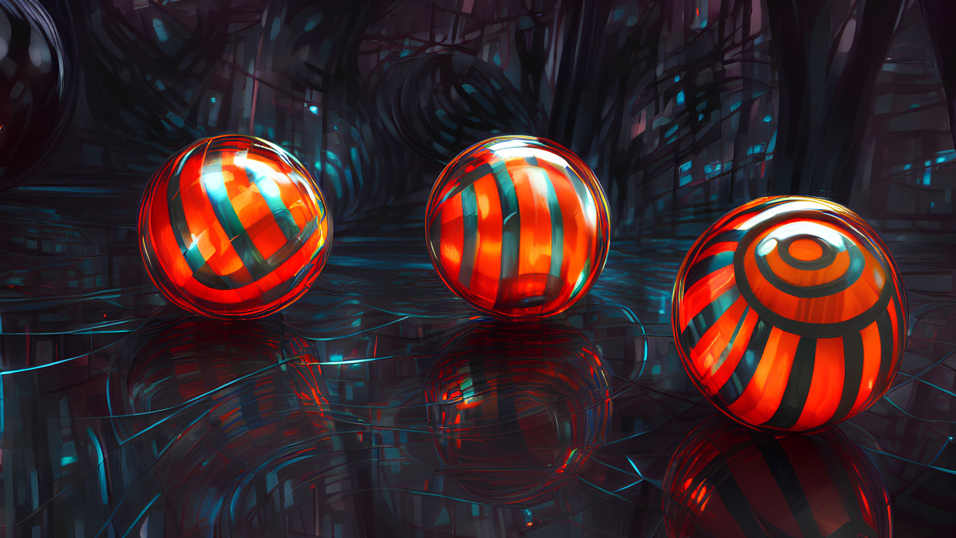 Three red striped spheres on reflective blue surface with complex lines on dark background