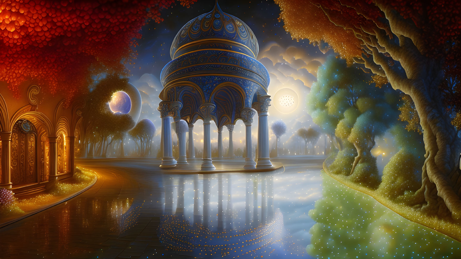 Fantastical landscape with ornate domed structure and glowing trees