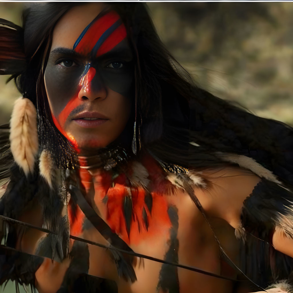 Person in Striking Face Paint & Feathered Headdress Holding Bow