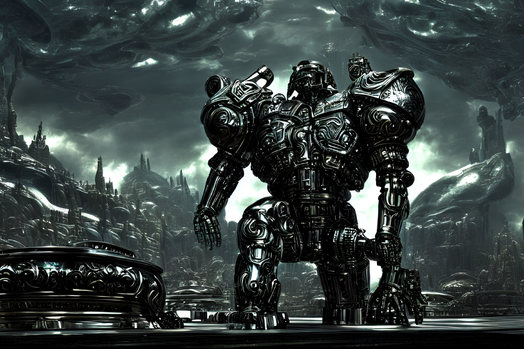 Futuristic metallic robot in gloomy mechanized landscape