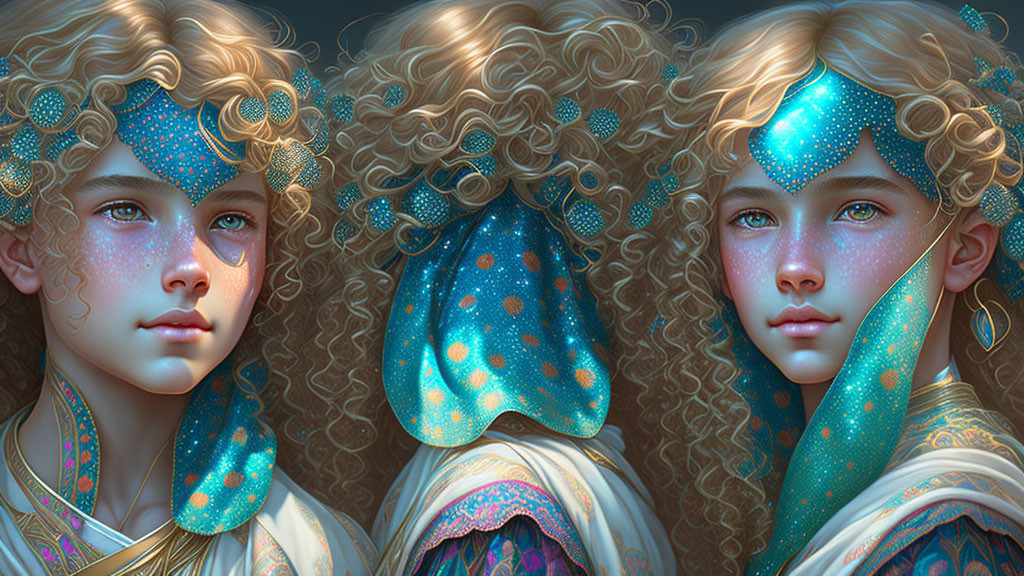 Fantasy digital artwork: Two characters with blue headpieces, blonde hair, ornate clothing.