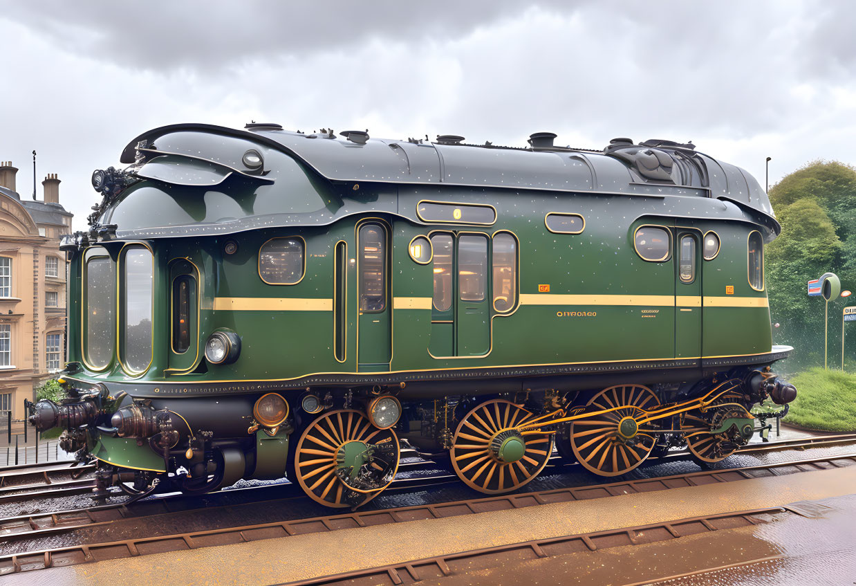 Vintage Green Steam Locomotive with Ornate Details on Railway Tracks