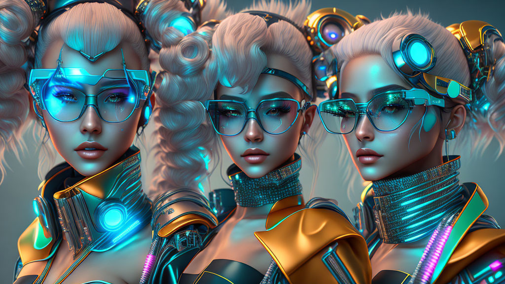 Futuristic female characters with elaborate hairstyles and cybernetic accessories on metallic blue backdrop