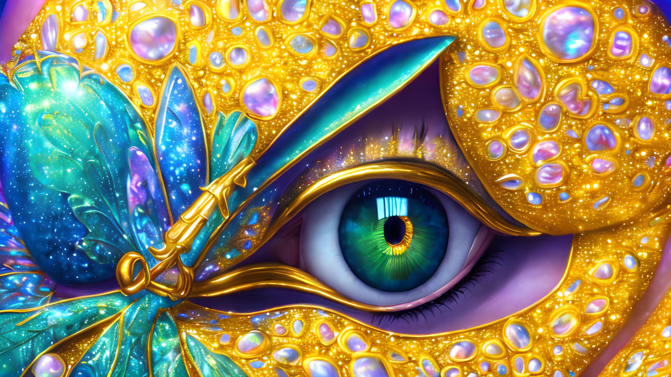 Detailed illustration of human eye with butterfly on golden background