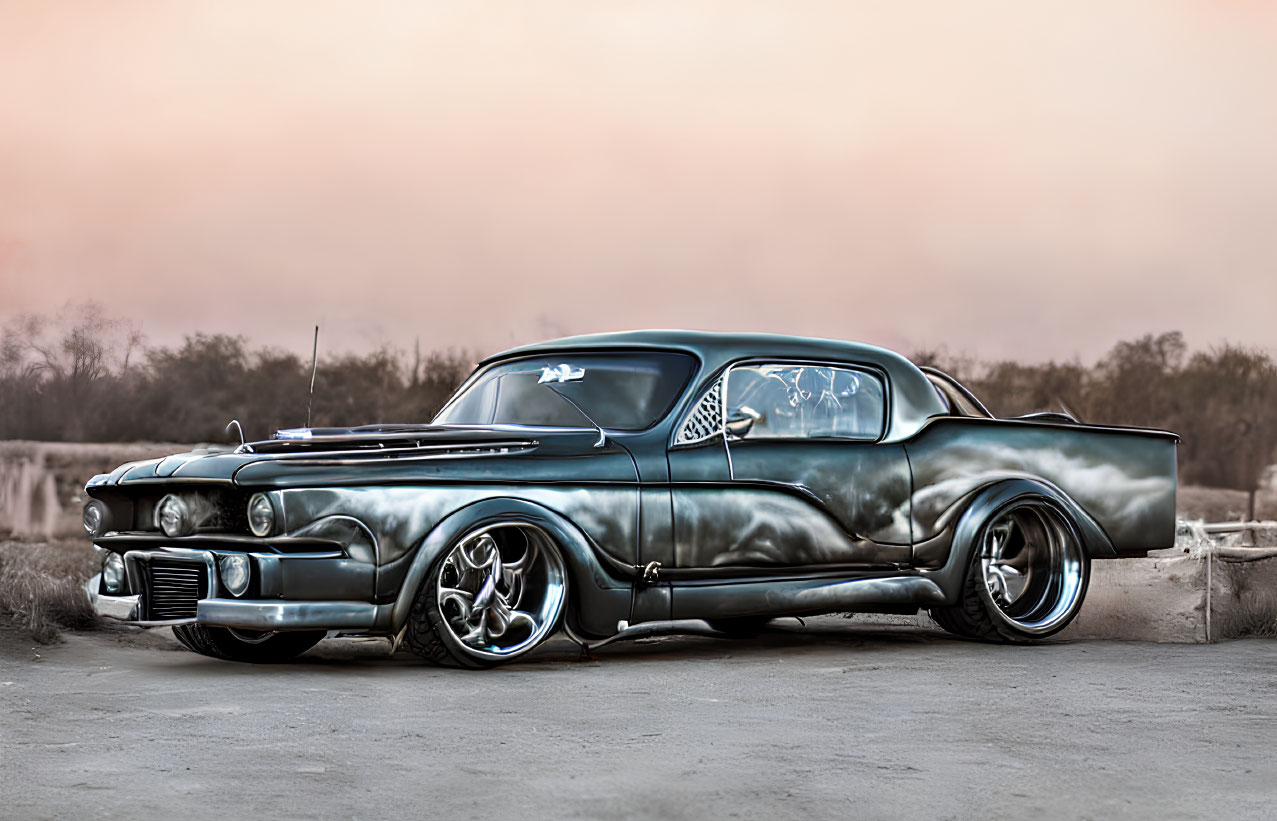 Custom Vintage Car with Teal Patina and Large Chrome Rims at Sunset