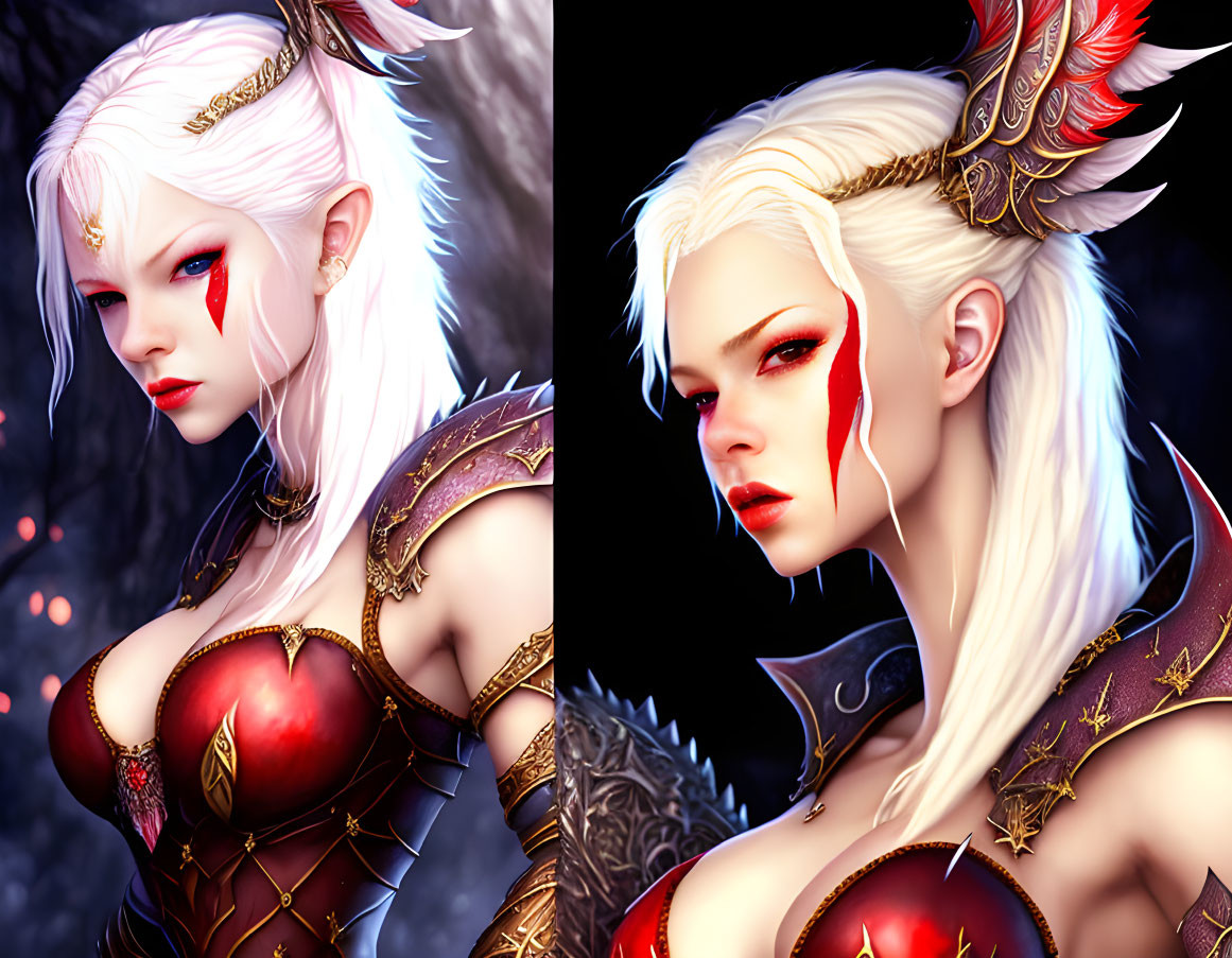 Fantasy digital artwork: White-haired elf in golden armor