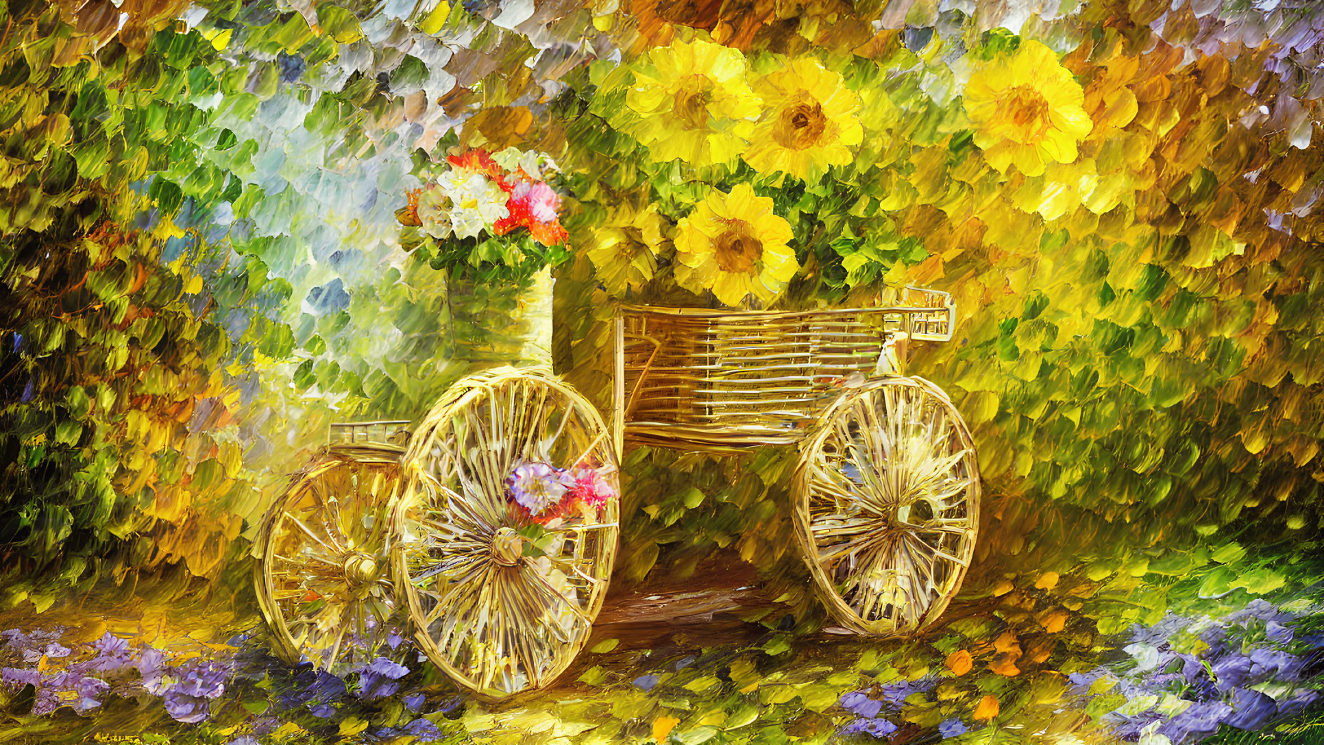 Colorful digital painting: Wooden cart with blossoming flowers in vibrant, impressionistic setting.